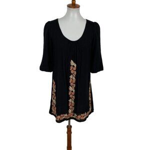 Theme‎ Black Embroidered Boho Tunic Dress Small Floral Peasant Festival Retro